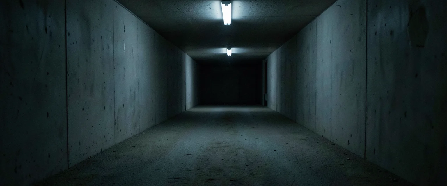 Concrete Hallway Drift — Flux AI prompt