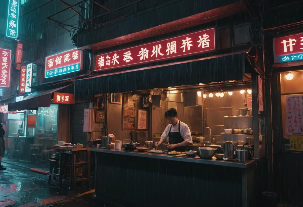 Rainy Cyberpunk Noodle Bar — SDXL AI prompt