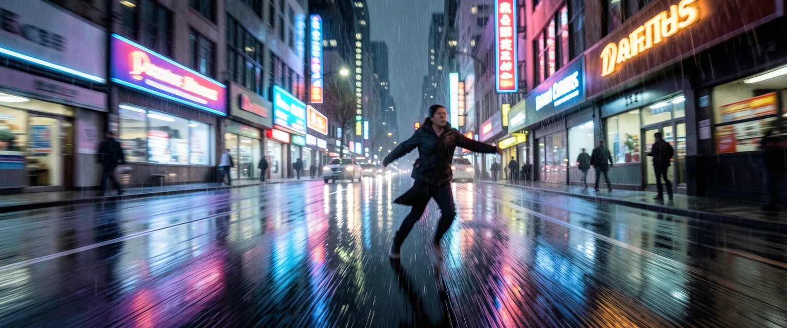 Drenched pavement motion — Flux AI prompt