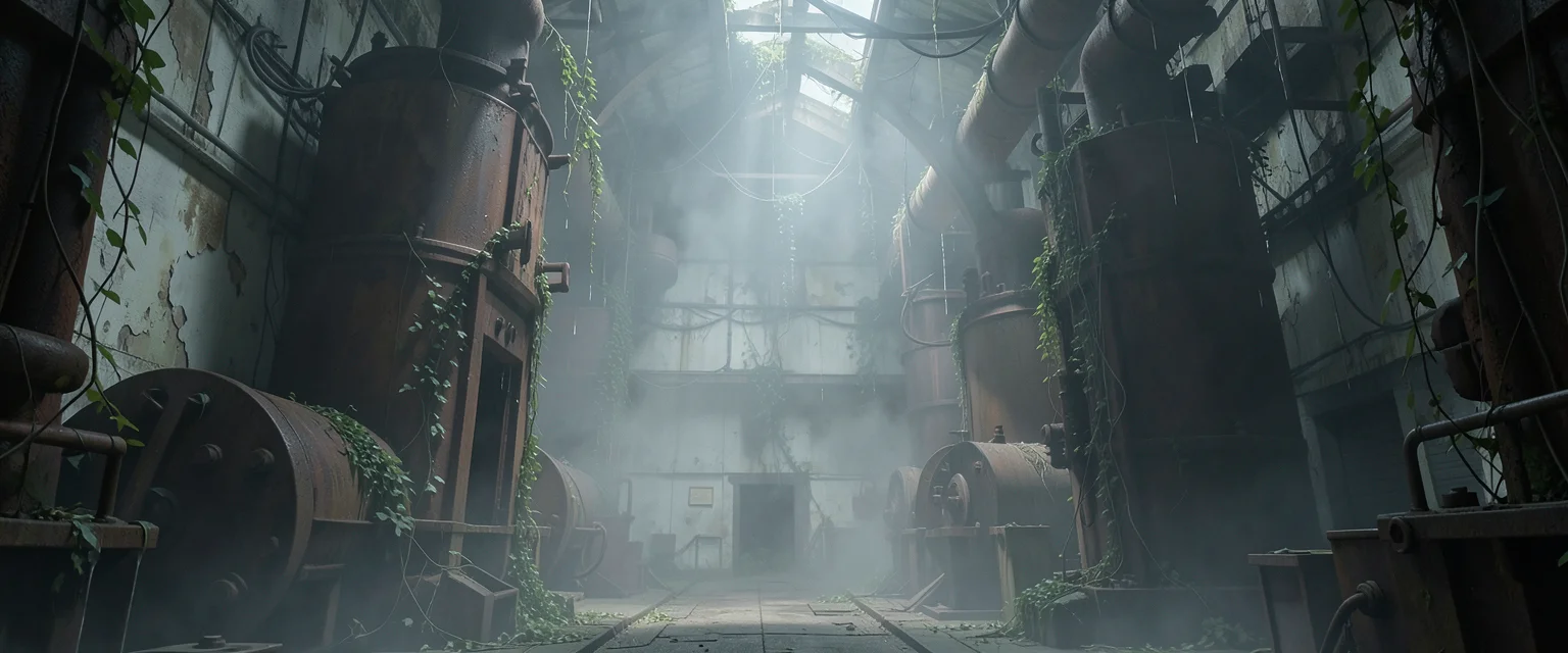 Overgrown Factory Ghost — Flux AI prompt