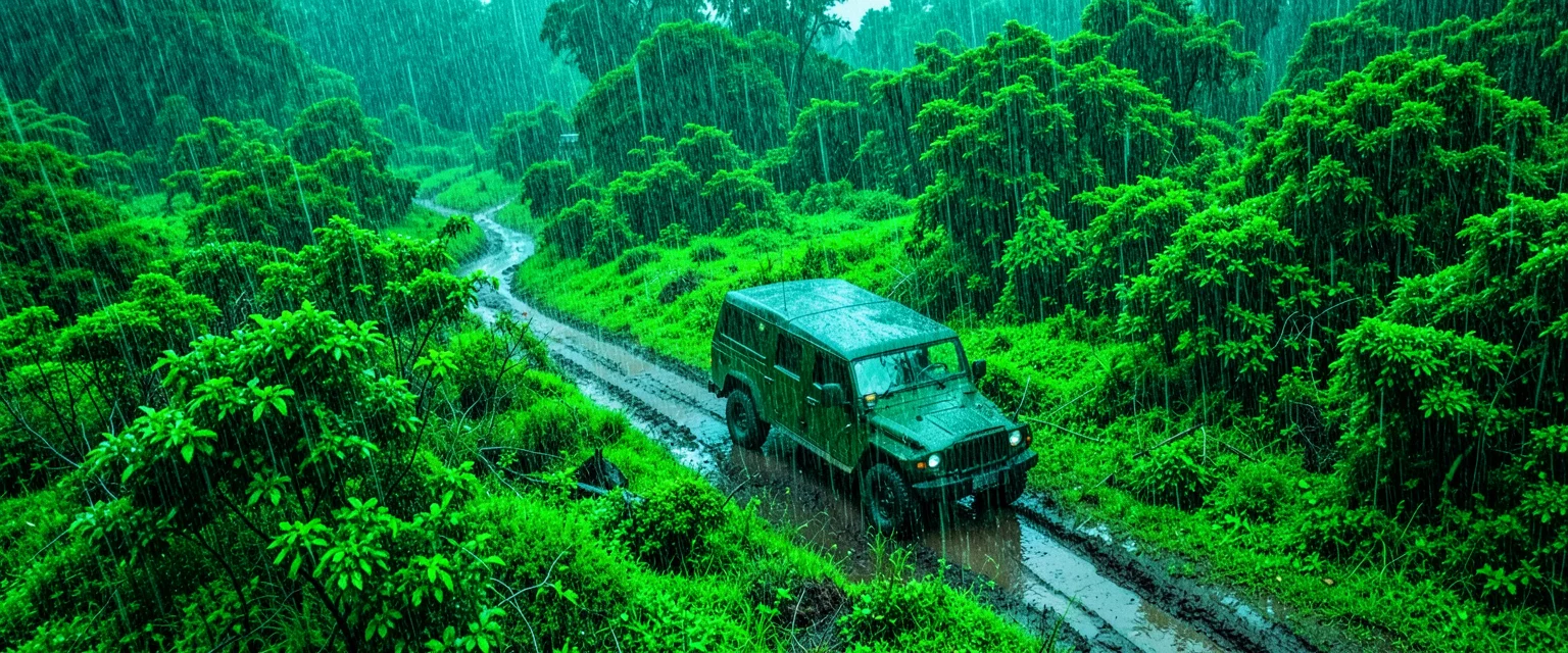 Monsoon Jeep Drive — Flux AI prompt