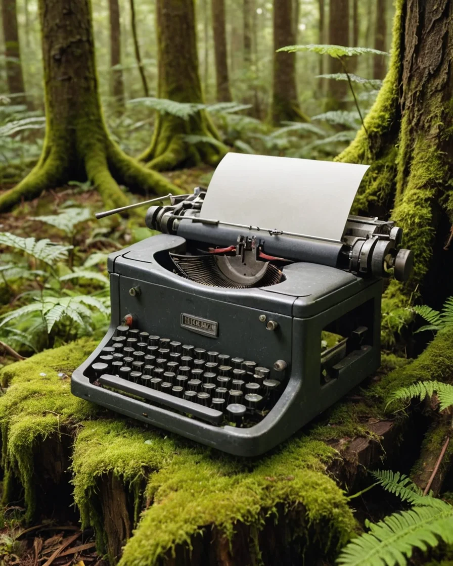 Moss-Covered Typewriter in the Woods — SDXL AI prompt