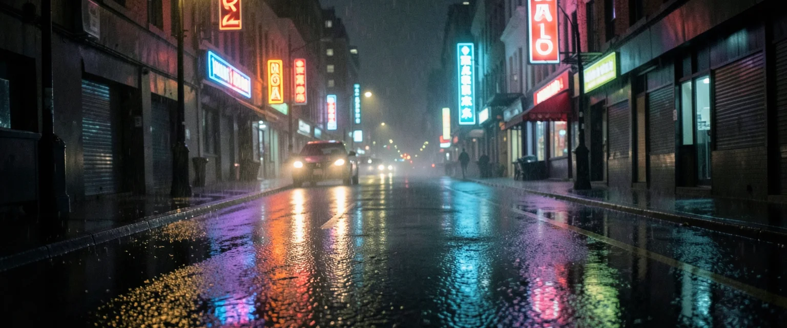 Rainy Neon Reflections — Flux AI prompt