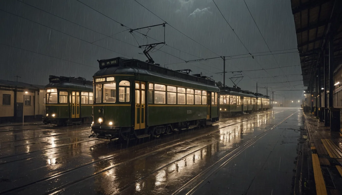 Tram Depot in a Thunderstorm — SDXL AI prompt