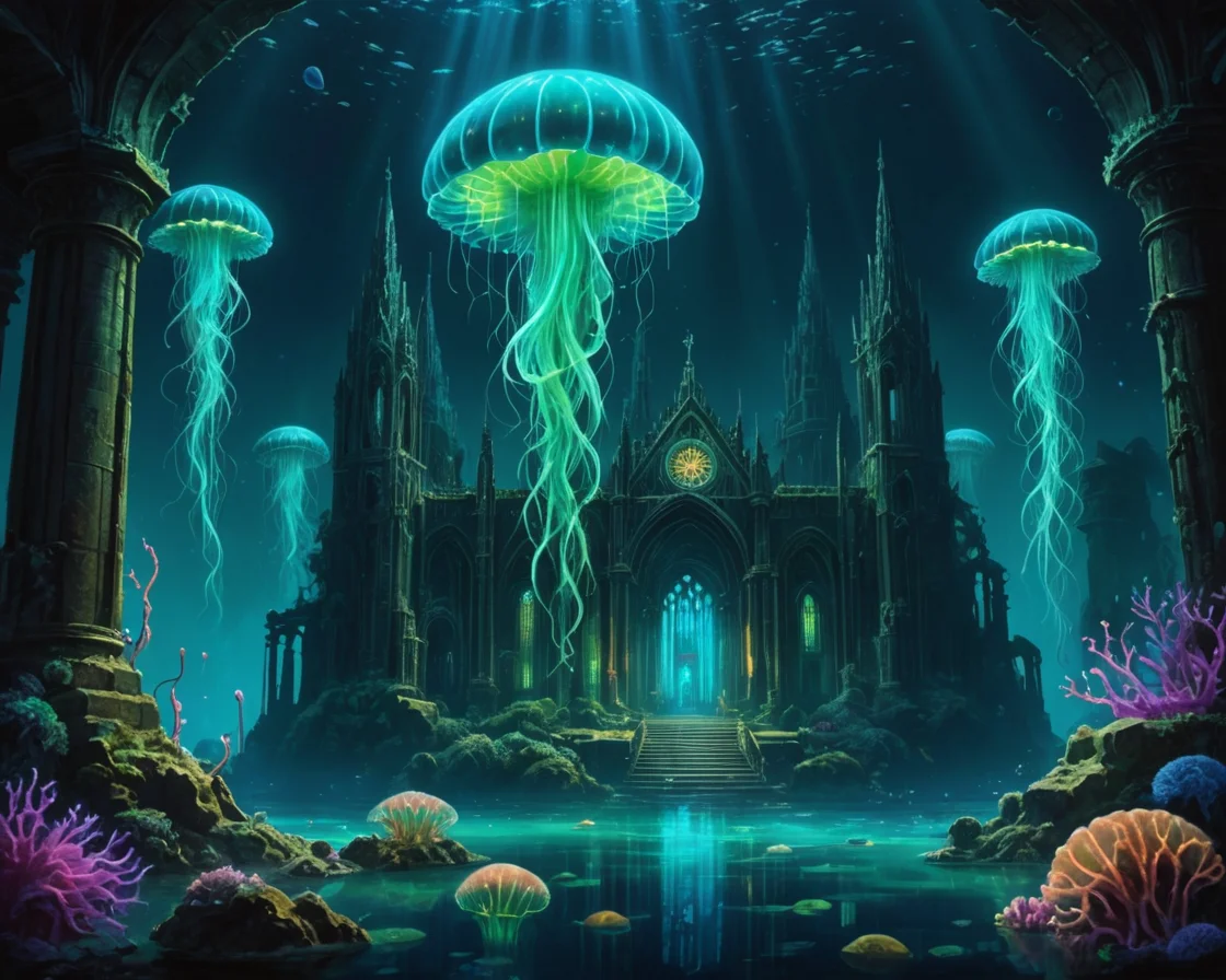 Abyssal Biolume Cathedral (illustration) — SDXL AI prompt