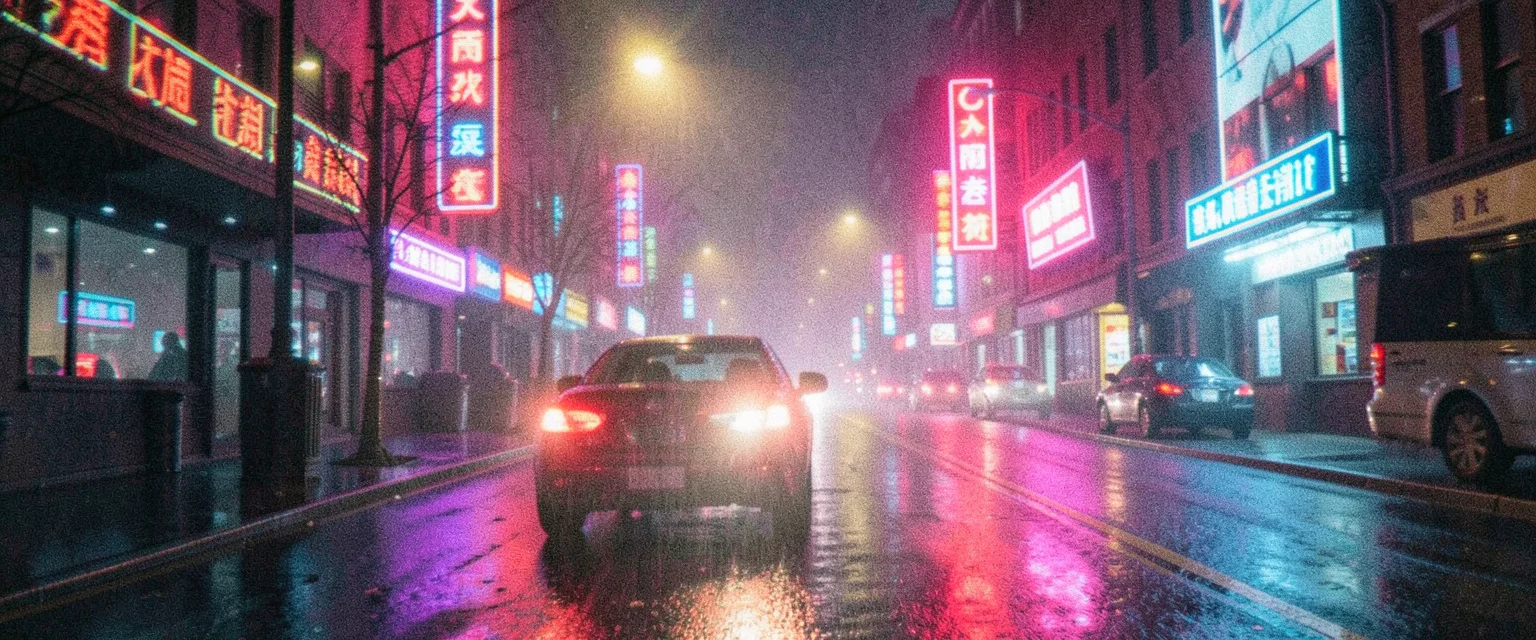 Glitch City Night Drive — Flux AI prompt